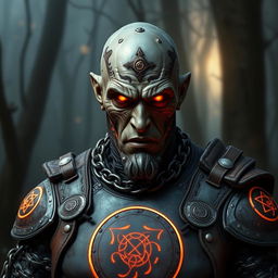 A human-like warforged warlock with compelling, dull orange eyes that glow faintly