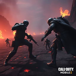 A dramatic battle scene in hell featuring the ghost character from Call of Duty Mobile