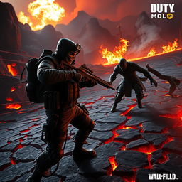 A dramatic battle scene in hell featuring the ghost character from Call of Duty Mobile