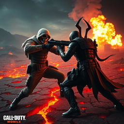 A dramatic battle scene in hell featuring the ghost character from Call of Duty Mobile