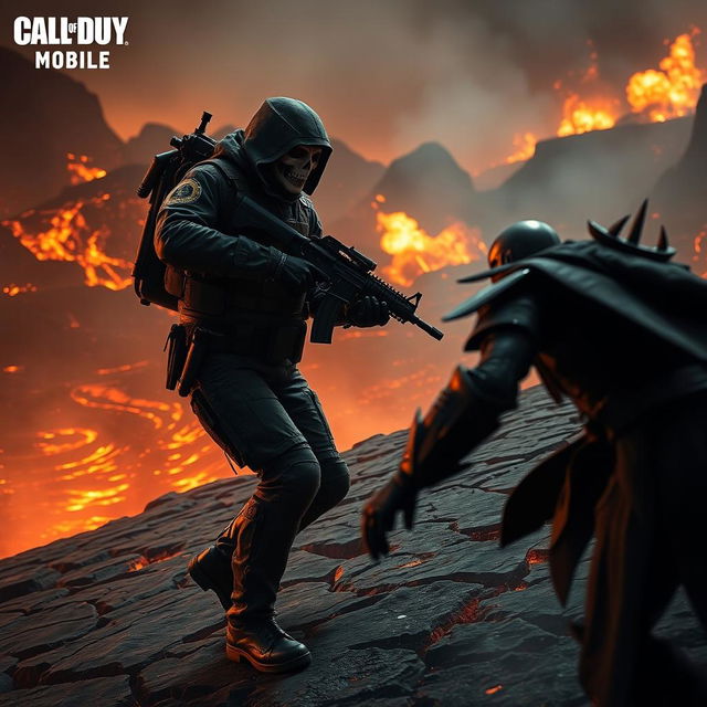 A dramatic battle scene in hell featuring the ghost character from Call of Duty Mobile