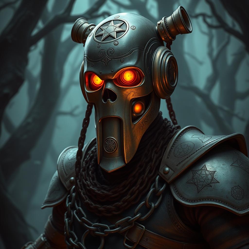 A humanoid warforged warlock with dull orange eyes, featuring intricate mystic symbols etched across its metallic body