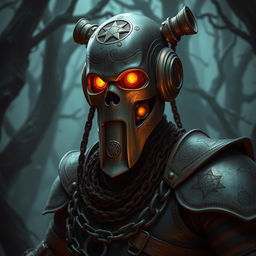 A humanoid warforged warlock with dull orange eyes, featuring intricate mystic symbols etched across its metallic body