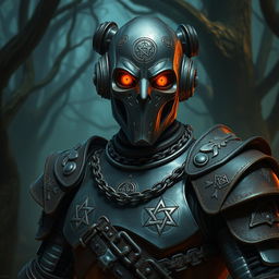 A humanoid warforged warlock with dull orange eyes, featuring intricate mystic symbols etched across its metallic body