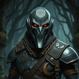 A humanoid warforged warlock with dull orange eyes, featuring intricate mystic symbols etched across its metallic body