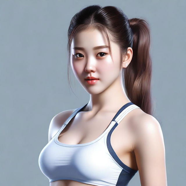 A realistic digital art piece featuring a Korean girl with a captivating look