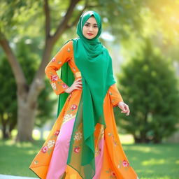 A model wearing a stunning green hijab paired with a flowing orange dress adorned with beautiful floral patterns