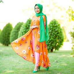 A model wearing a stunning green hijab paired with a flowing orange dress adorned with beautiful floral patterns