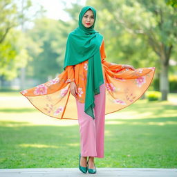 A model wearing a stunning green hijab paired with a flowing orange dress adorned with beautiful floral patterns