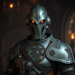 A humanoid warforged warlock featuring dull orange eyes and intricate mystic symbols etched across its metallic body
