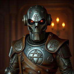 A humanoid warforged warlock featuring dull orange eyes and intricate mystic symbols etched across its metallic body