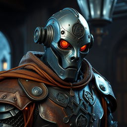 A humanoid warforged warlock featuring dull orange eyes and intricate mystic symbols etched across its metallic body