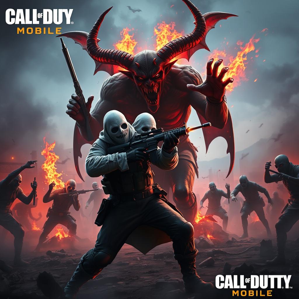 A thrilling scene featuring the iconic ghost character from Call of Duty Mobile, engaged in an intense battle against a fearsome devil and a horde of zombies