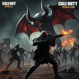 A thrilling scene featuring the iconic ghost character from Call of Duty Mobile, engaged in an intense battle against a fearsome devil and a horde of zombies