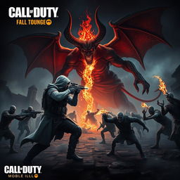 A thrilling scene featuring the iconic ghost character from Call of Duty Mobile, engaged in an intense battle against a fearsome devil and a horde of zombies