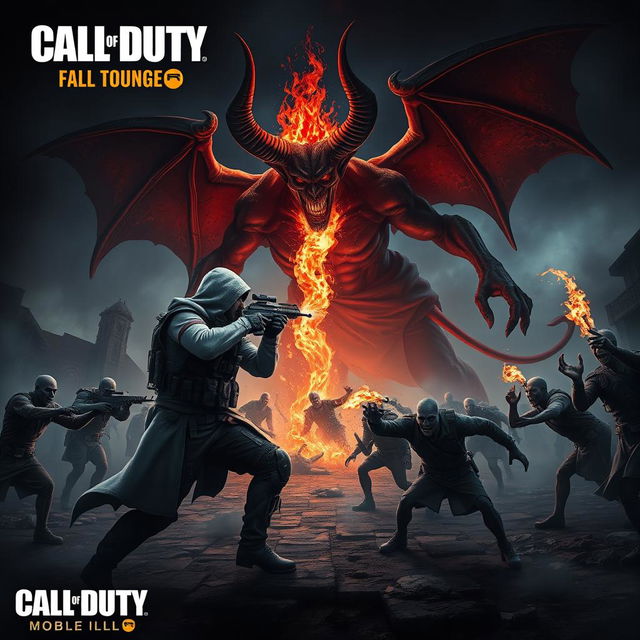 A thrilling scene featuring the iconic ghost character from Call of Duty Mobile, engaged in an intense battle against a fearsome devil and a horde of zombies