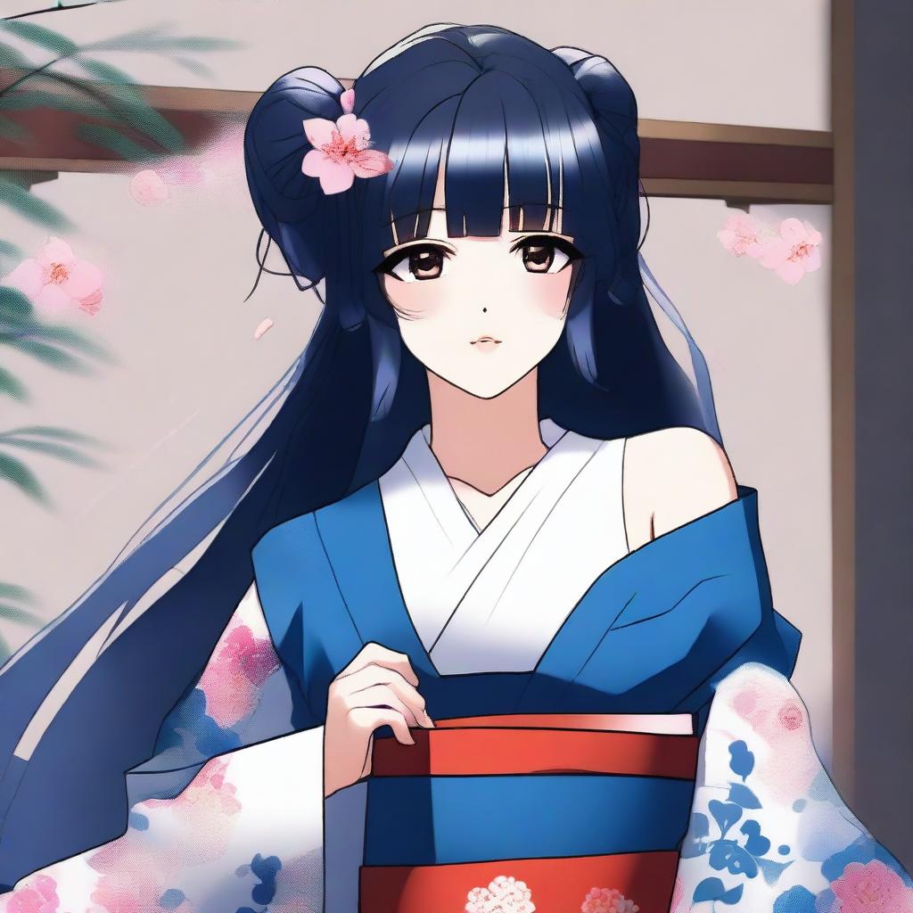 This is a high-quality digital art image showcasing an anime-style girl with long, dark blue hair