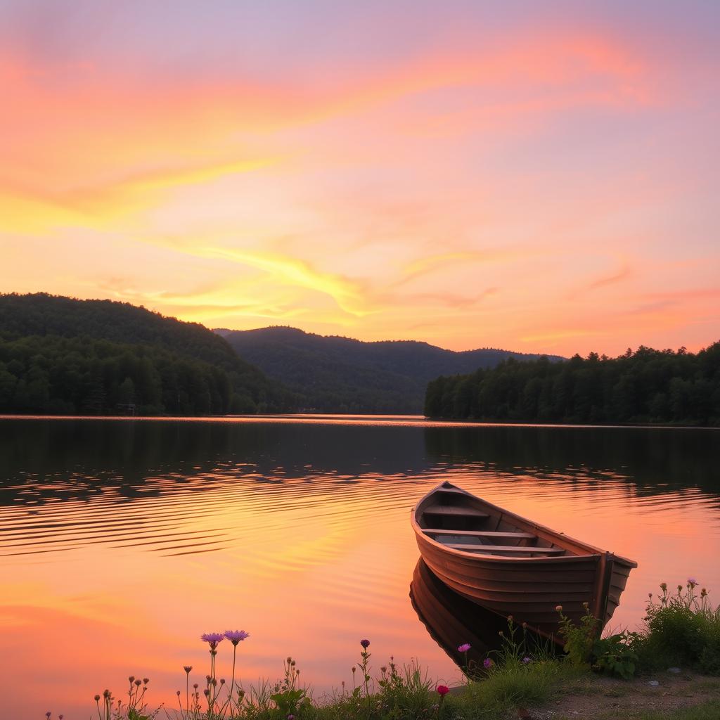 A serene sunset over a tranquil lake surrounded by lush green forests