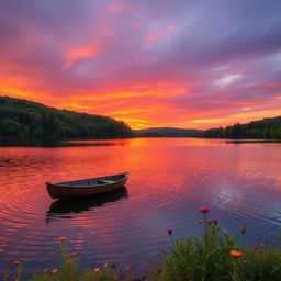 A serene sunset over a tranquil lake surrounded by lush green forests