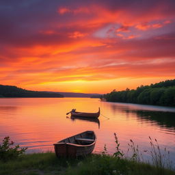 A serene sunset over a tranquil lake surrounded by lush green forests