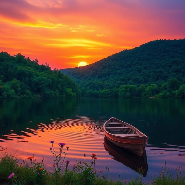 A serene sunset over a tranquil lake surrounded by lush green forests