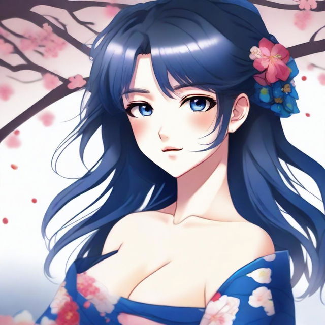 This is a high-quality digital art image showcasing an anime-style girl with long, dark blue hair