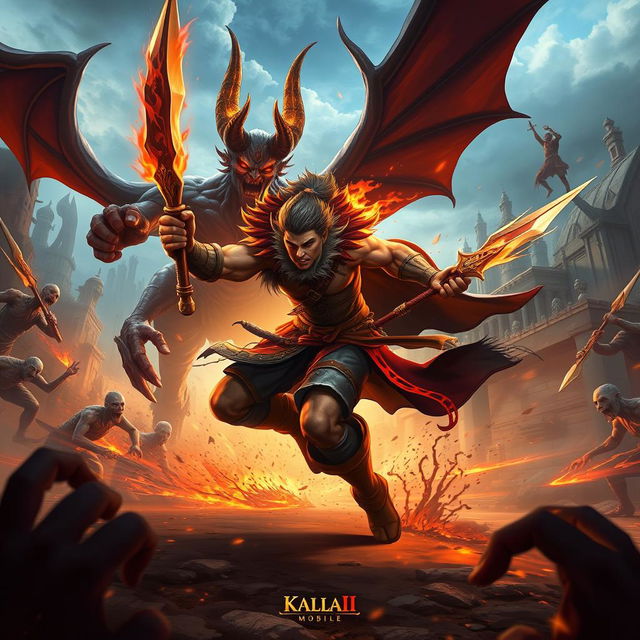 A mythic character from the game Kalaf Mobile, depicted in dynamic motion as they engage in fierce combat against both a devil and hordes of zombies in an expansive open world setting