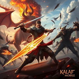 A mythic character from the game Kalaf Mobile, depicted in dynamic motion as they engage in fierce combat against both a devil and hordes of zombies in an expansive open world setting