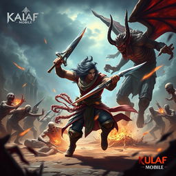 A mythic character from the game Kalaf Mobile, depicted in dynamic motion as they engage in fierce combat against both a devil and hordes of zombies in an expansive open world setting