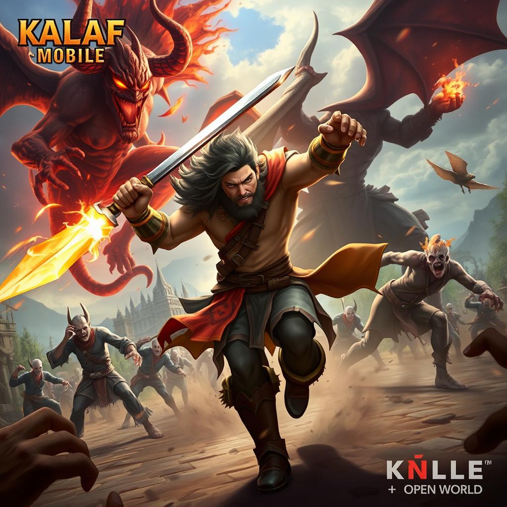 A mythic character from the game Kalaf Mobile, depicted in dynamic motion as they engage in fierce combat against both a devil and hordes of zombies in an expansive open world setting