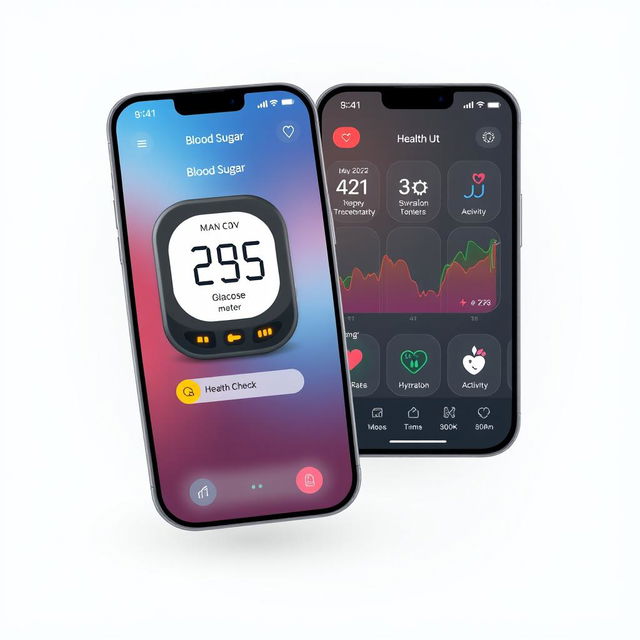 A sleek and modern health app interface featuring a combined blood sugar and health check functionality