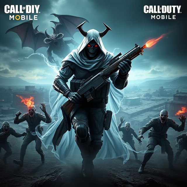 A ghostly mythic character from Call of Duty Mobile, portrayed in an intense battle against a devil and a swarm of zombies in a vast open world