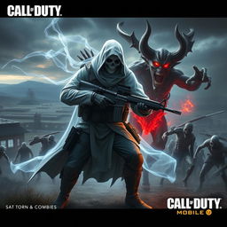A ghostly mythic character from Call of Duty Mobile, portrayed in an intense battle against a devil and a swarm of zombies in a vast open world