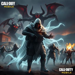 A ghostly mythic character from Call of Duty Mobile, portrayed in an intense battle against a devil and a swarm of zombies in a vast open world