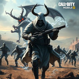 A ghostly mythic character from Call of Duty Mobile, portrayed in an intense battle against a devil and a swarm of zombies in a vast open world