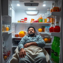 A Yemeni man comfortably sleeping inside a large central refrigerator