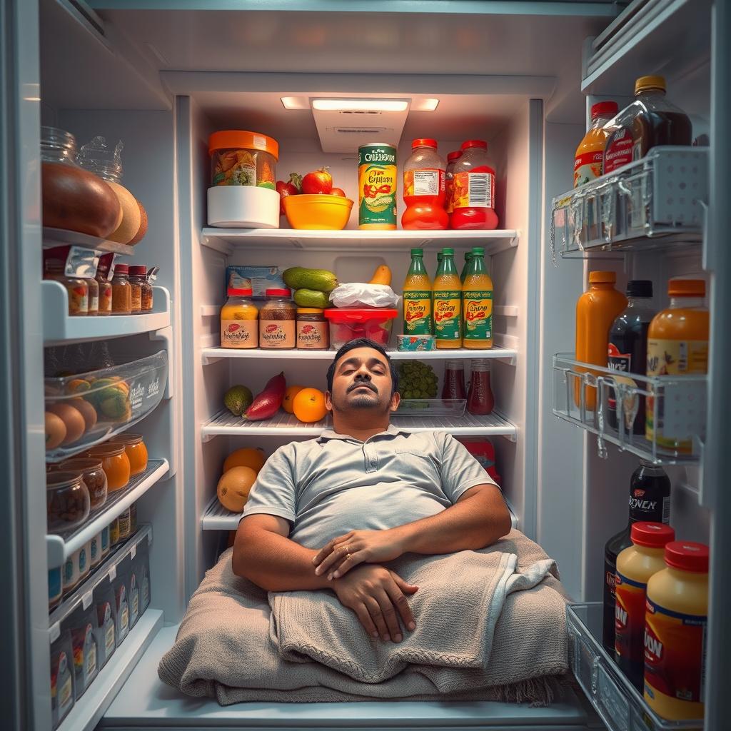 A Yemeni man comfortably sleeping inside a large central refrigerator