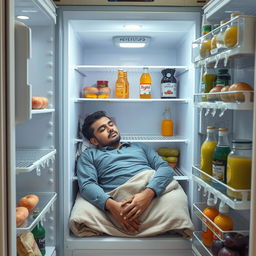 A Yemeni man comfortably sleeping inside a large central refrigerator