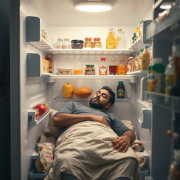 A Yemeni man comfortably sleeping inside a large central refrigerator