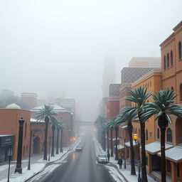 A magical transformation of Sana'a, the capital city of Yemen, enveloped in a thick blanket of fog and soft, gentle snow