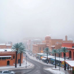 A magical transformation of Sana'a, the capital city of Yemen, enveloped in a thick blanket of fog and soft, gentle snow