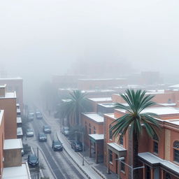 A magical transformation of Sana'a, the capital city of Yemen, enveloped in a thick blanket of fog and soft, gentle snow