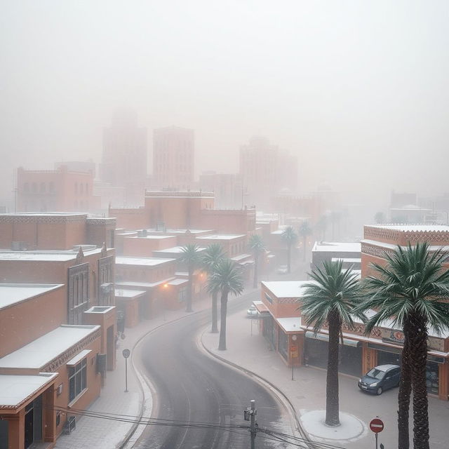 A magical transformation of Sana'a, the capital city of Yemen, enveloped in a thick blanket of fog and soft, gentle snow