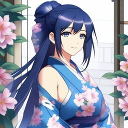 This image is a high-quality digital art piece that depicts an anime-style girl with long, dark blue hair