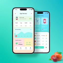 A sleek and modern app design showcasing features for blood sugar monitoring and overall health tracking