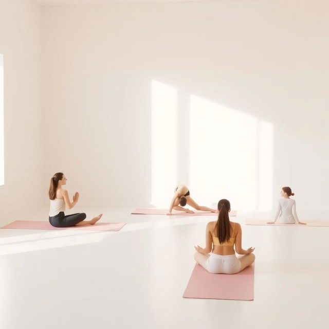 A minimalistic and realistic yoga studio room with a white floor