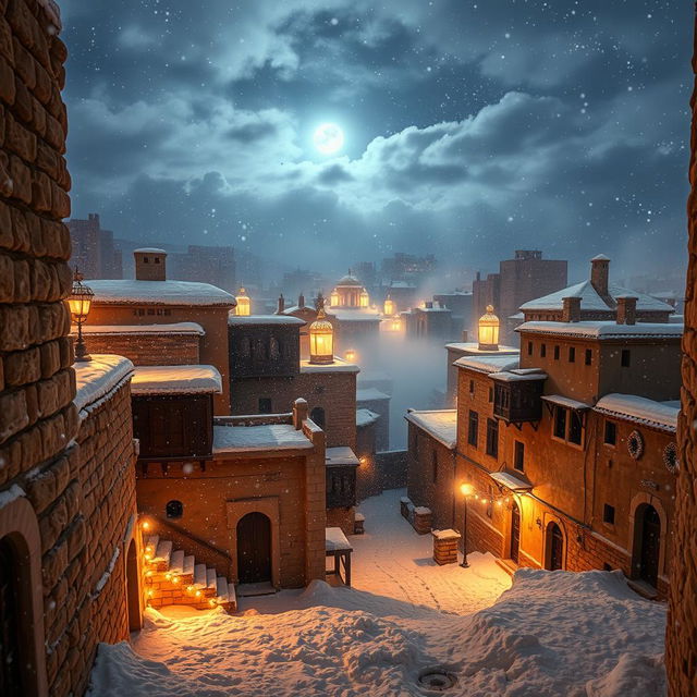 An enchanting view of the ancient city of Sana'a during a magical winter night, covered in soft, thick snowflakes, with the traditional architecture beautifully blanketed in white