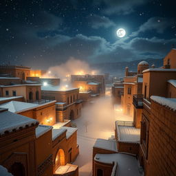 An enchanting view of the ancient city of Sana'a during a magical winter night, covered in soft, thick snowflakes, with the traditional architecture beautifully blanketed in white