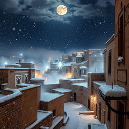 An enchanting view of the ancient city of Sana'a during a magical winter night, covered in soft, thick snowflakes, with the traditional architecture beautifully blanketed in white