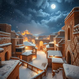 An enchanting view of the ancient city of Sana'a during a magical winter night, covered in soft, thick snowflakes, with the traditional architecture beautifully blanketed in white